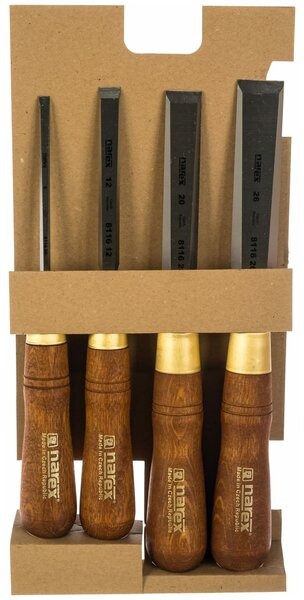 Набор плоских стамесок (6, 12, 20, 26) с деревянной рукояткой Wood Line Plus Narex 863201, 4 штуки в картонной коробке  - фото